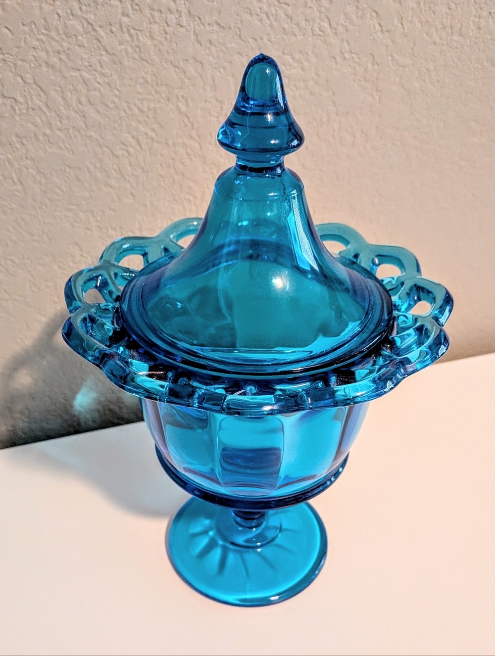 Vintage Imperial Glass Colonial Blue Lace Edge Pedestal Candy Dish With Lid - Picture 2 of 8